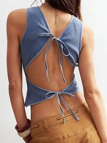 Bohemela Summer Boho Easter Music Festival Casual Vacation Blue Washed Tie Back Tank Top For Women, Summer Top - Blue - View 4