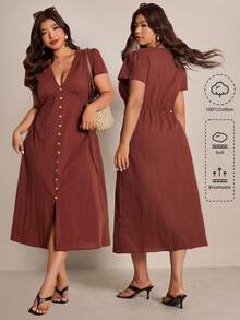 Elaquor 大码纯色收腰深V领纽扣装饰连衣裙 - 棕色 - 查看 3