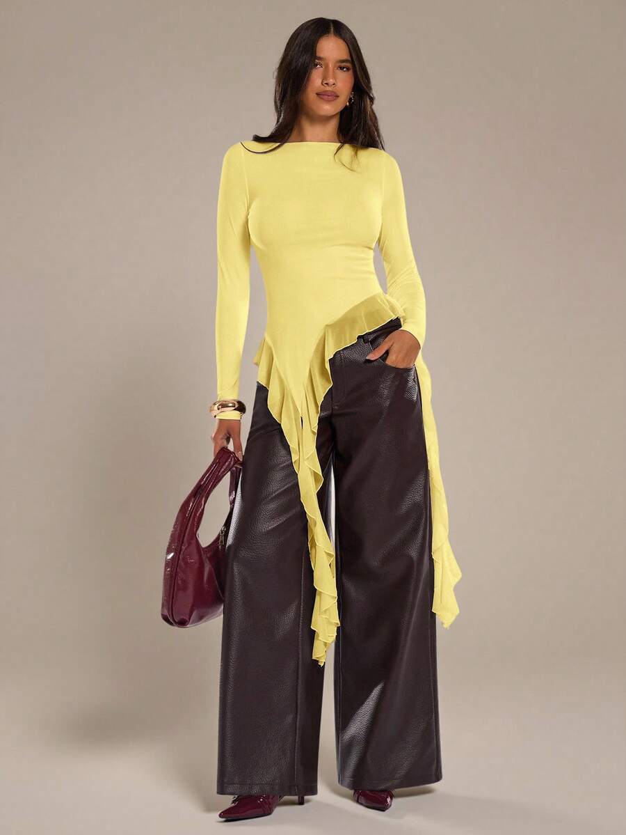 SHEIN BAE Women's Solid Color Long Sleeve Ruffle Hem Asymmetric Hem Fashionable Blouse,Summer Top - Yellow - View 1