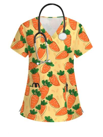 PopScrub Simple Carrot & Line Cartoon Print Yellow Nurse Uniform Top, V-Neck Short Sleeve Scrub Shirt, Nursing Uniform For Women, Suitable For Easter & Daily Wear, Spring/Summer