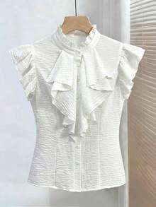 Franclia 女士优雅纹理面料立领荷叶边垂褶装饰开襟短袖衬衫 - 白色 - 查看 5