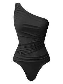 Swim Oasis Set de 2 monokinis de un solo color con fruncidos y pareo estampado para mujer - Negro - Ver 3