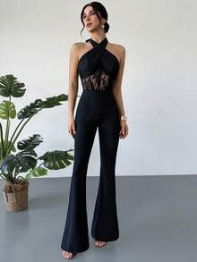 RiviMae 女士时尚优雅性感露背交叉蕾丝拼接连体裤 - 黑色 - 查看 4