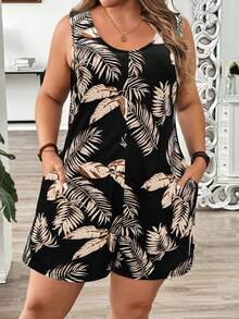 EMERY ROSE Bộ jumpsuit nữ cỡ lớn kiểu dáng mùa hè, họa tiết lá nhiệt đới, cổ tròn, có túi, thích hợp cho du lịch, nghỉ mát, mùa hè và mặc hàng ngày. - Nhiều màu - Xem 1