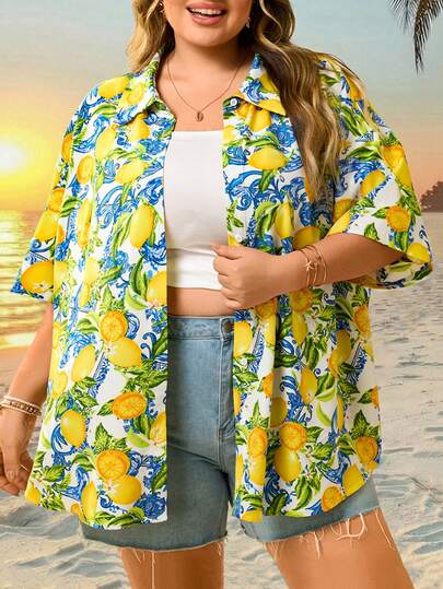 SHEIN CURVE+ Camisa casual folgada de manga curta com estampa de limão, estilo francês, tamanho grande, vintage, para férias no verão.