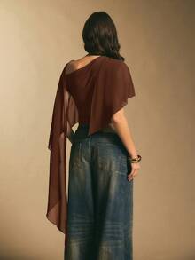 Poéselle 女士纯色不对称褶皱连体衣 - 鏽棕色 - 查看 2