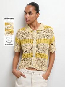 Áo khoác cardigan không tay nhẹ, chất liệu dệt kim thoáng khí, viền ren, phong cách boho bãi biển MAIJA. - Màu be - Xem 1