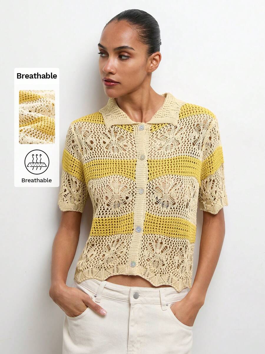 Áo khoác cardigan không tay nhẹ, chất liệu dệt kim thoáng khí, viền ren, phong cách boho bãi biển MAIJA. - Màu be - Xem 1