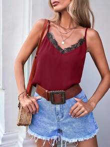 SHEIN LUNE Elegant Contrast Color Lace Patchwork Camisole For Summer Women Casual Outfits Camisole Tops For Women Tops For Women Summer Cute Women S Summer Outfits Womens Tops For Summer - Burgundy - View 6