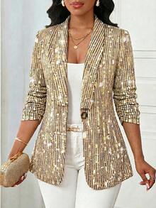 SHEIN Lady Blazer delgado con estampado de lentejuelas de moda para mujer - Blanco y Negro - Ver 4