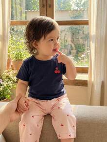 SHEIN Playful Pals 2件套新生儿休闲乡村风纯棉柔软舒适套装，适合春、秋、冬季穿着，时尚可爱，百搭，男女通用 - 藏蓝色 - 查看 9