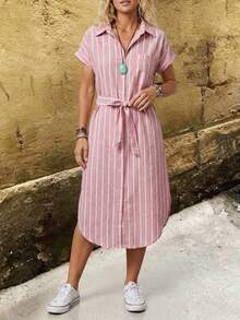 Linavere New Spring/Summer Women's Fashion Elegant Short Sleeve Striped Shirt Dress - Tie-Front Design - Commuter Chic Minimalist Style - Suitable For Daily Wear, Dates, Travels - Pink - View 3
