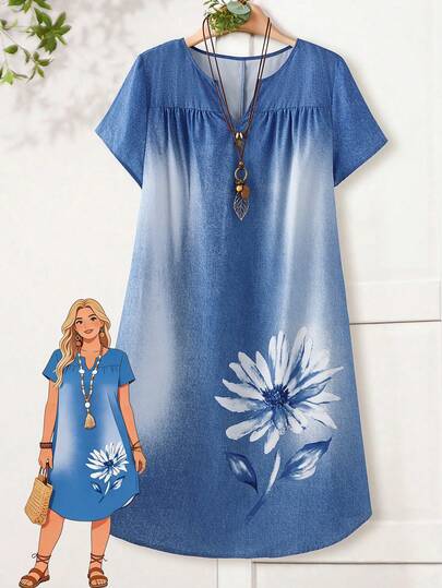 EMERY ROSE Plus Size Women Floral Print V-Neck Short Sleeve Casual Dress Summer Dress  Summer Outfits Summer Clothes Spring Dress Spring Outfit Women Spring Clothing Country Style For Women Country Dress For Women Vacation Outfits Women