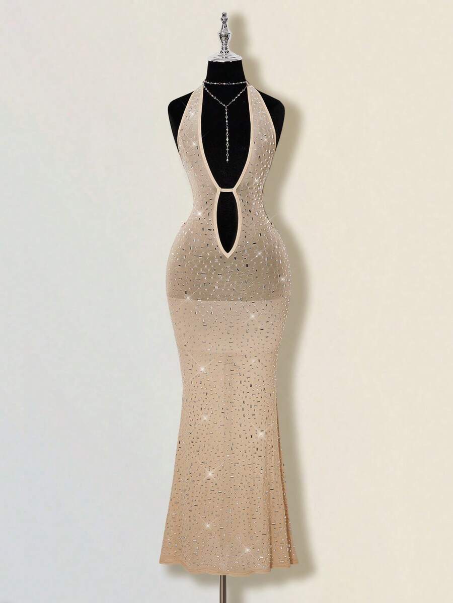 SHEIN ICON Women's Apricot Deep V Rhinestone Sheer Backless Maxi Mermaid Dress, Sexy For Party And Events,Summer Dresses For Women - Nude - View 1