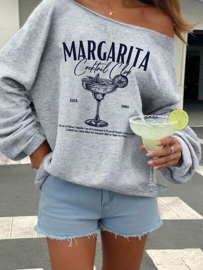 SHEIN EZwear Women's Light Gray Loose Fit Off-Shoulder Casual Long Sleeve Sweatshirt - Vacation Cocktail Pattern, Retro Casual Style, Perfect For Beach, Music Festivals, Vacation Vibes, Miami Girl Style, Spring Back-To-School, Spring & Autumn Clothing, Off-The-Shoulder Sweatshirt, Off-Shoulder Top, Turtle Neck Sweatshirt, Grey Sweatshirt, Summer Top