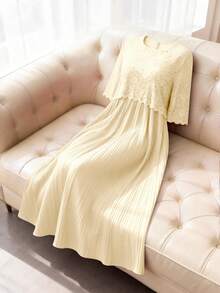 Vestido formal elegante de encaje con parches, cuello redondo, color borgoña para mujeres de talla - Albaricoque - Ver 7