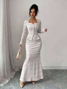 Elenzga 女士方领印花纽扣前开襟长袖上衣和裙子两件套 - 卡其色 - 查看 4