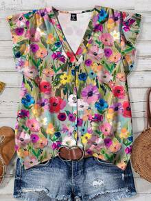 EMERY ROSE Plus Size Women Casual Floral Print Short Cap Sleeve Blouse, Suitable For Summer Spring Tops Blouse Womens Tops And Blouses Blouse For Women Casual Modern Floral Print Blouse Womens Tops For Summer - Multicolor - View 2