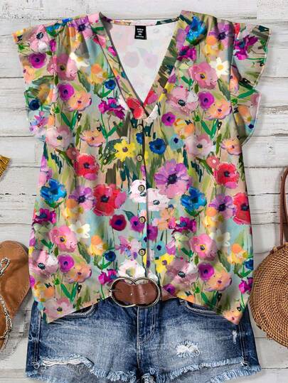 EMERY ROSE Plus Size Women Casual Floral Print Short Cap Sleeve Blouse, Suitable For Summer