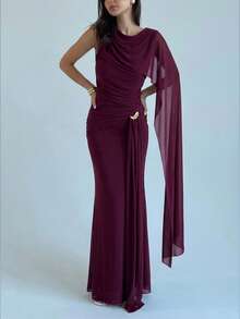 Aloruh Đầm dự tiệc dài màu trơn dành cho nữ, cổ tròn, đính kim loại, thắt eo thanh lịch. - Màu tím - Xem 5