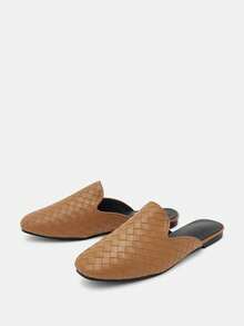 2025 秋季女士方头编织一脚蹬穆勒拖鞋,平底凉鞋,适合居家穿着,黑色 - 棕色 - 查看 5