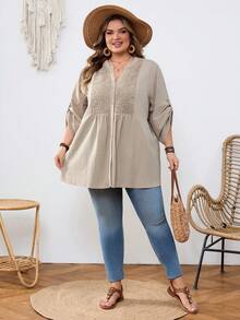 SHEIN CURVE+ Blusa holgada con botones delanteros, parches de encaje y unicolor, estilo bohemio, para vacaciones en la playa o festivales de música, talla grande US22 - Albaricoque - Ver 8