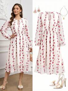 Ellevyn 女士碎花系领长袖优雅中长连衣裙 - 杏色 - 查看 8