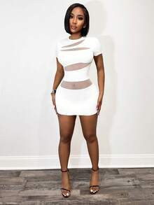 BamGleam Women's Sexy Mesh Patchwork Mini Dress, Spring/Summer - White - View 3