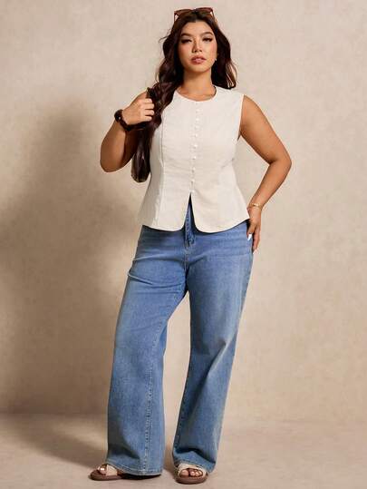 Elaquor Blusa sin mangas de unicolor de verano para mujer talla grande