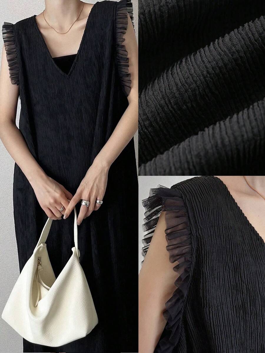 FRIFUL Women's Mesh Patchwork Mid-Length Dress Sundress - Black - View 1