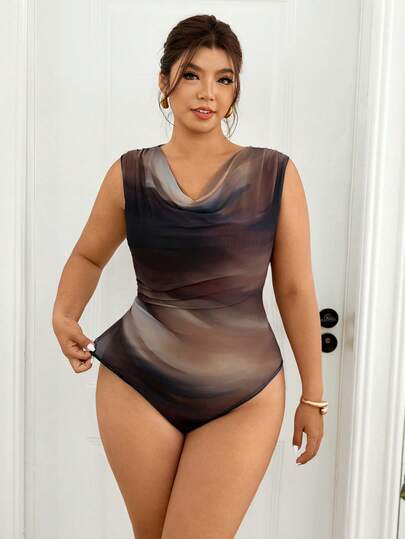 Lounesse Plus Size Women Tie Dye Bodysuit, Casual Sleeveless Romper