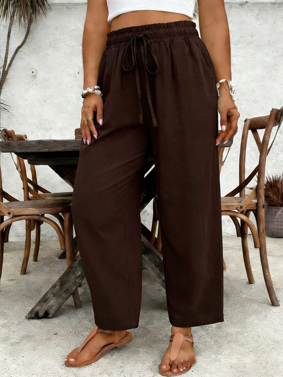 SHEIN VCAY Quần ống côn dáng rộng thoải mái, màu trơn dành cho nữ, cạp chun, kiểu dáng thường ngày. - màu nâu - Xem 1