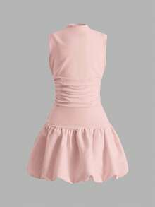 SHEIN Đầm Nova Glow dành cho bé gái tuổi teen, màu hồng trơn, cổ đứng, kiểu dáng thanh lịch, thích hợp cho tiệc độc thân phong cách Y2K, phù hợp mặc hàng ngày, đi học, tựu trường và tốt nghiệp. - Hồng - Xem 2