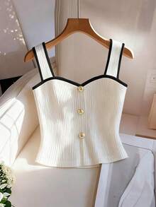 Franclia Nuevo llegado de primavera/verano Elegante estilo francés sin mangas Blanco Chic Decorativo Botón Contraste Color Blocking Camiseta de tirantes, Chaleco casual de mujer, Camisola sexy, Blusa sin mangas, Conjunto de primavera/verano - Blanco y Negro - Ver 3