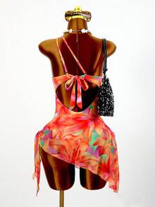 Zestiva Vestido de una pieza con estampado floral, accesorio circular, tirantes irregulares y huecos, espalda descubierta, traje de baño triangular sexy, conjunto de dos piezas para vacaciones de primavera y verano en la playa - Multicolor - Ver 2