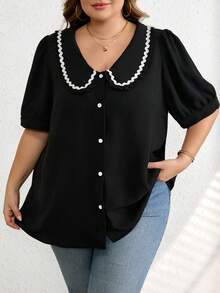 SHEIN CURVE+ Plus Size Women's Solid Color Simple Peter Pan Collar Blouse/2026 /New Year - Black - View 6