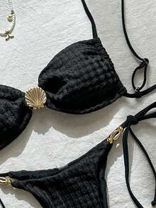Swim Mod Women's Jacquard Fabric Spaghetti Strap Metal Shell Decor Bikini Set, Spring/Summer - Black - View 3