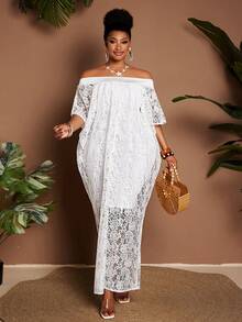 Maweii Plus Size Women's Lace Off-Shoulder Loose Elegant Vacation Party Short Sleeve Dress - White - View 2