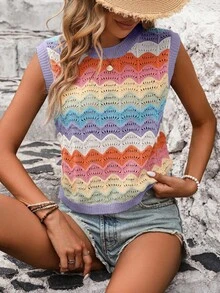 SHEIN LUNE Áo vest dệt kim dáng suông kẻ sọc khoét lỗ dành cho nữ, thích hợp cho kỳ nghỉ. - Màu tím hoa cà - Xem 6