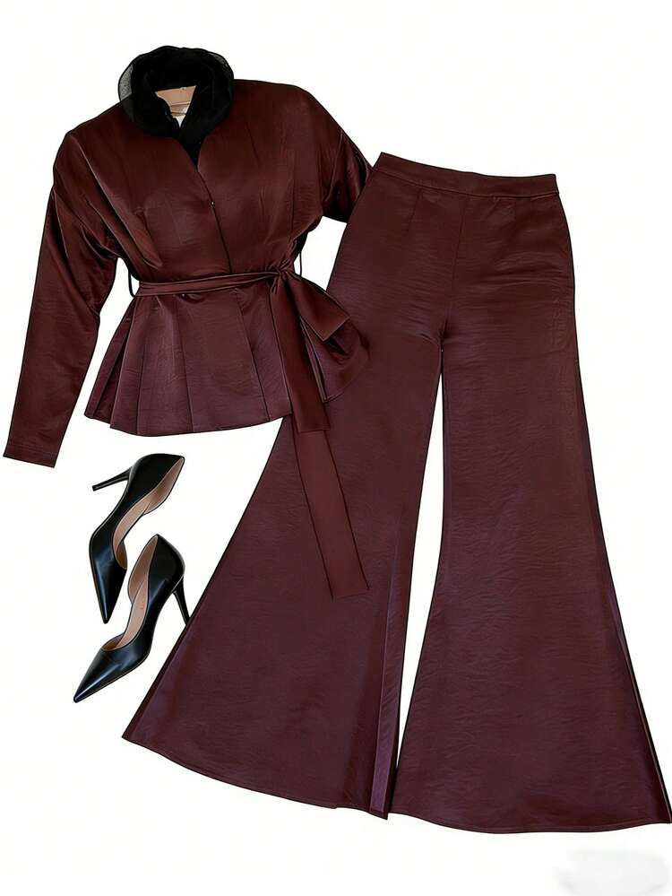 Women's Elegant Solid Color V-Neck Belted Shirt And Wide Leg Pants 2-Piece Set, Spring/Summer