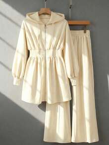 Modelyn Burgundy Slimming Zip-Up Hooded Casual Long Sleeve Jacket & Pants 2 Pieces Set For Women, Autumn/Winter - Apricot - View 1