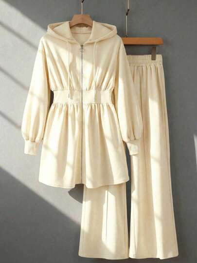 Modelyn Burgundy Slimming Zip-Up Hooded Casual Long Sleeve Jacket & Pants 2 Pieces Set For Women, Autumn/Winter