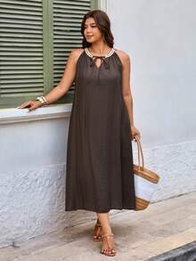 Breezaya 大码女式极简无袖露背系带流苏装饰宽松长裙，适合日常、休闲和度假穿着 - 棕色 - 查看 5