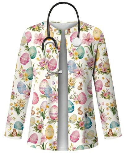 PopScrub Floral & Bunny Cartoon Print Colorful Scrub Jacket, Spring/Summer Fashion Cardigan With Hanging Earrings Design For Women Nurse Uniform Top, Uniform Jacket, Suitable For Easter Outfit