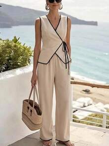 EMERY ROSE 女士优雅褶皱V领杏色短袖衬衫 - 杏色 - 查看 1