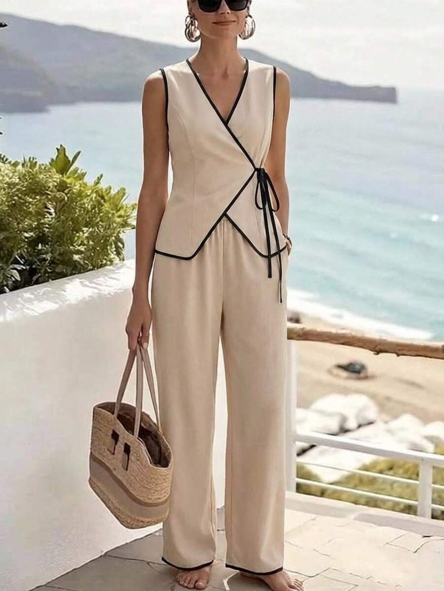 EMERY ROSE 女士优雅褶皱V领杏色短袖衬衫 - 杏色 - 查看 1