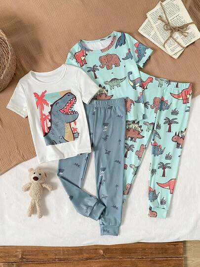 4pcs/Set Young BoyCute Minimalist Cartoon Dinosaur Print Short Sleeve Pajama Set, Sleepwear