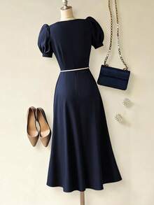 SHEIN Franclia Elegant Versatile Casual Commuter Navy Blue Button Decor Waist Cinched Midi Dress For Women, Spring/Summer - Navy Blue - View 2