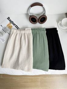 Comfortcana 3pcs/Set Plus Size Solid Color Linen Comfortable Casual Shorts, Suitable For Spring And Summer - Multicolor - View 6