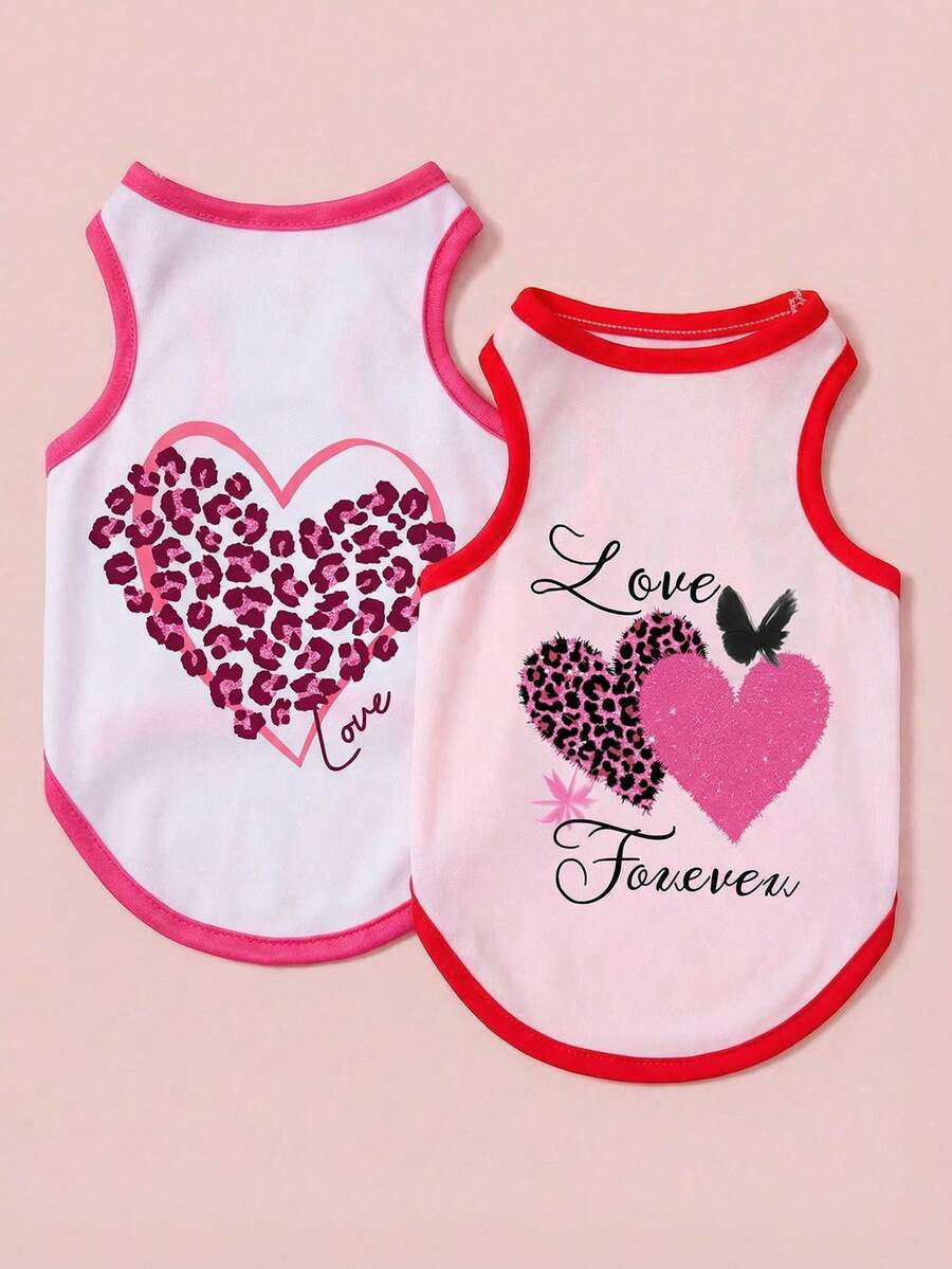 PETSIN 2 件装宠物猫狗通用可爱爱心印花休闲舒适透气狗背心 - 彩色 - 查看 1